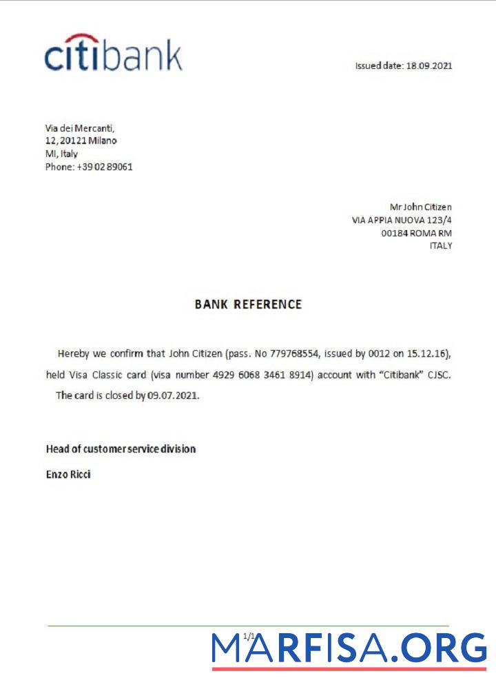 Printable Italy Citibank closure reference template